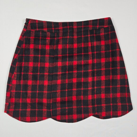 NWT Impressions Plaid‎ Mini Skirt Red Black Scalloped Hem Wool Blend S - Picture 4 of 9